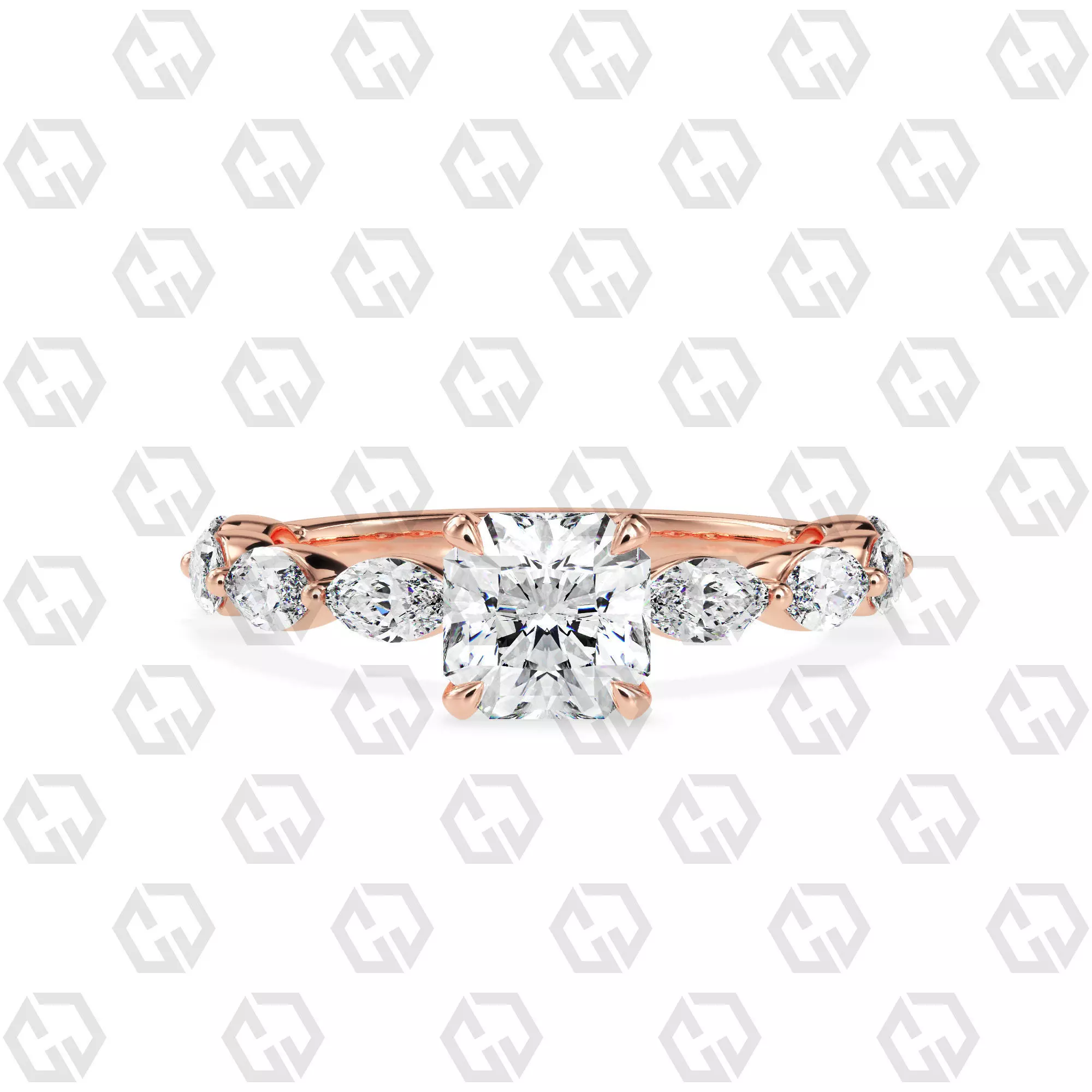 Ring 90 Radiant Shape marquise on shanks with Gems 3D print model_0