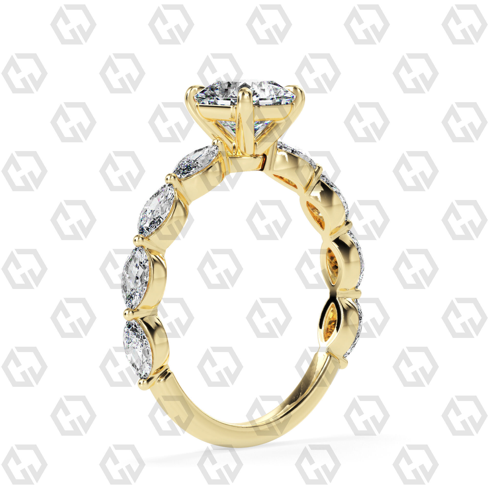 Ring 90 Radiant Shape marquise on shanks with Gems 3D print model_12