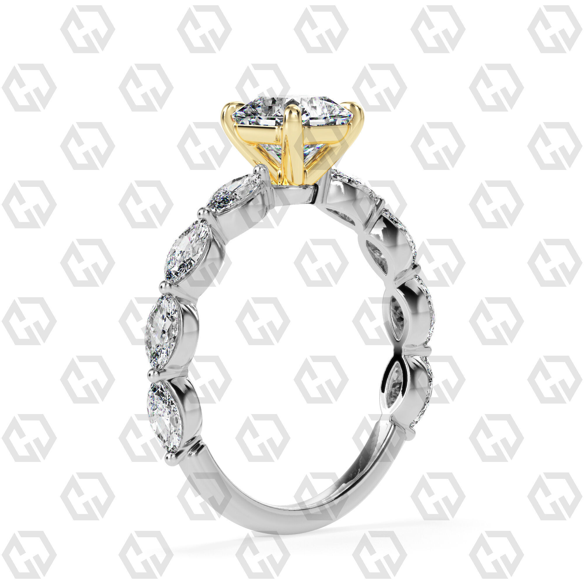 Ring 90 Radiant Shape marquise on shanks with Gems 3D print model_10