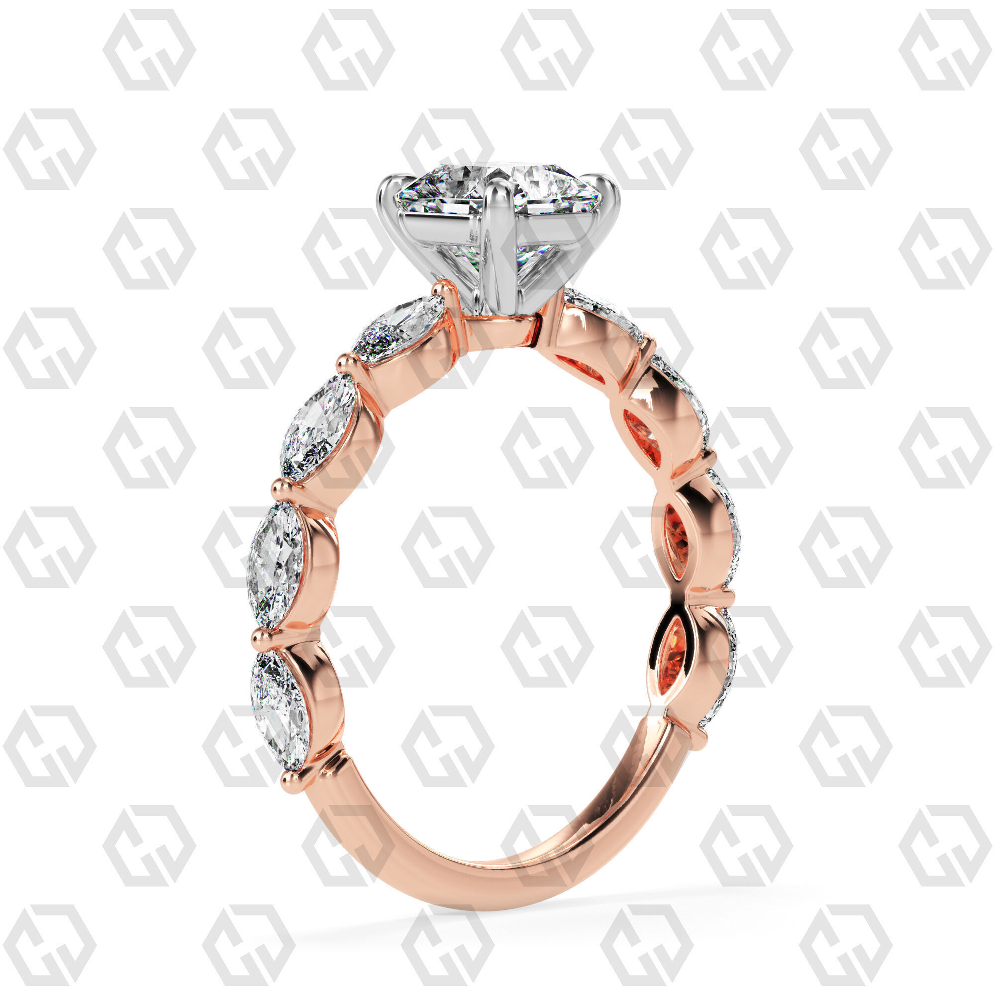 Ring 90 Radiant Shape marquise on shanks with Gems 3D print model_4