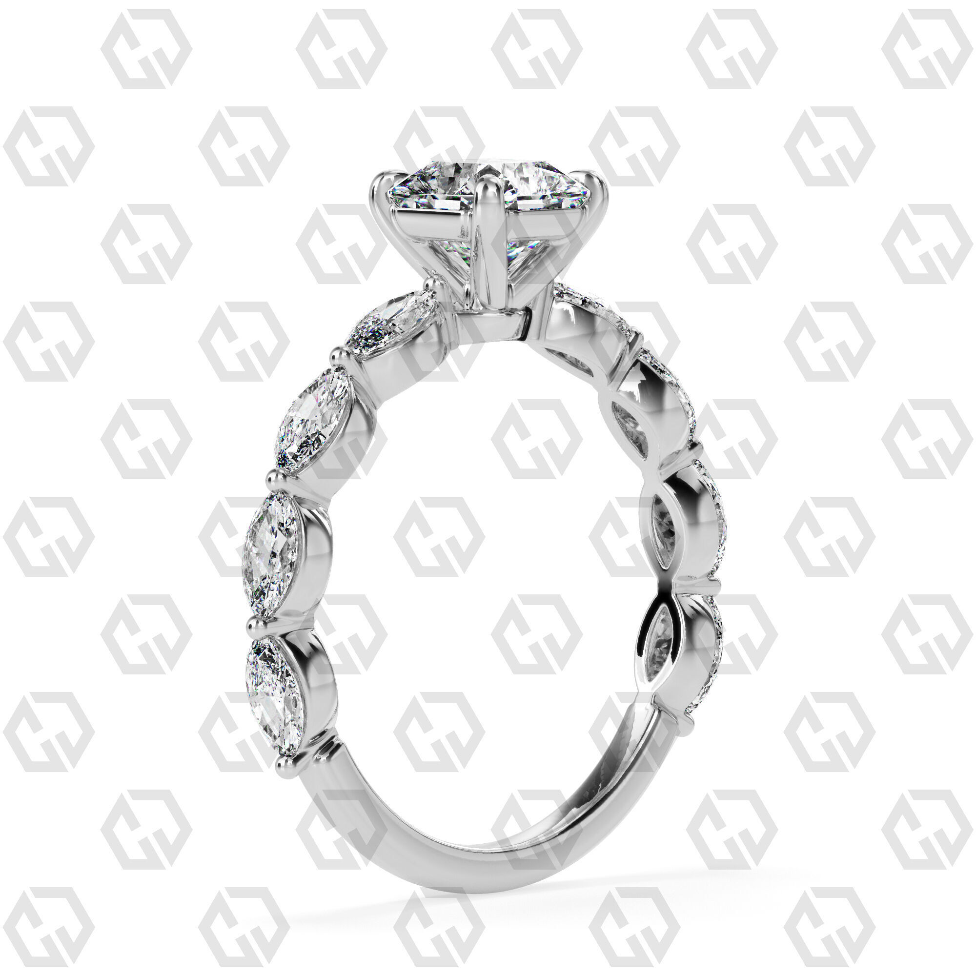 Ring 90 Radiant Shape marquise on shanks with Gems 3D print model_6