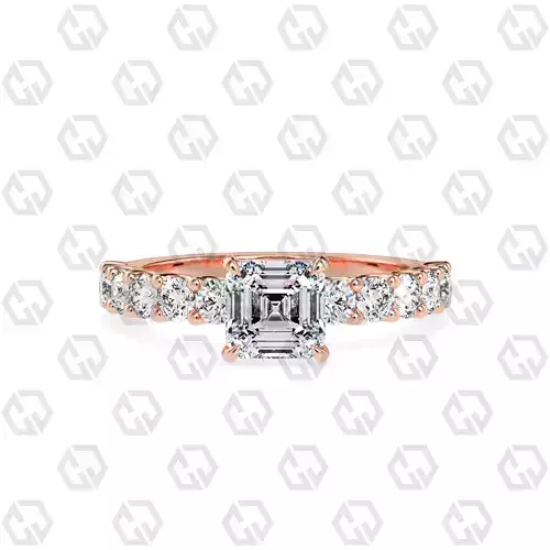 Ring 91 Asscher Shape prong set round on shank with Gems