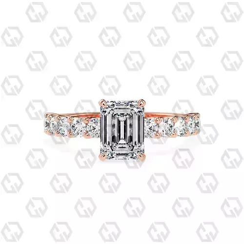 Ring 93 Emerald Shape prong set round on shank with Gems