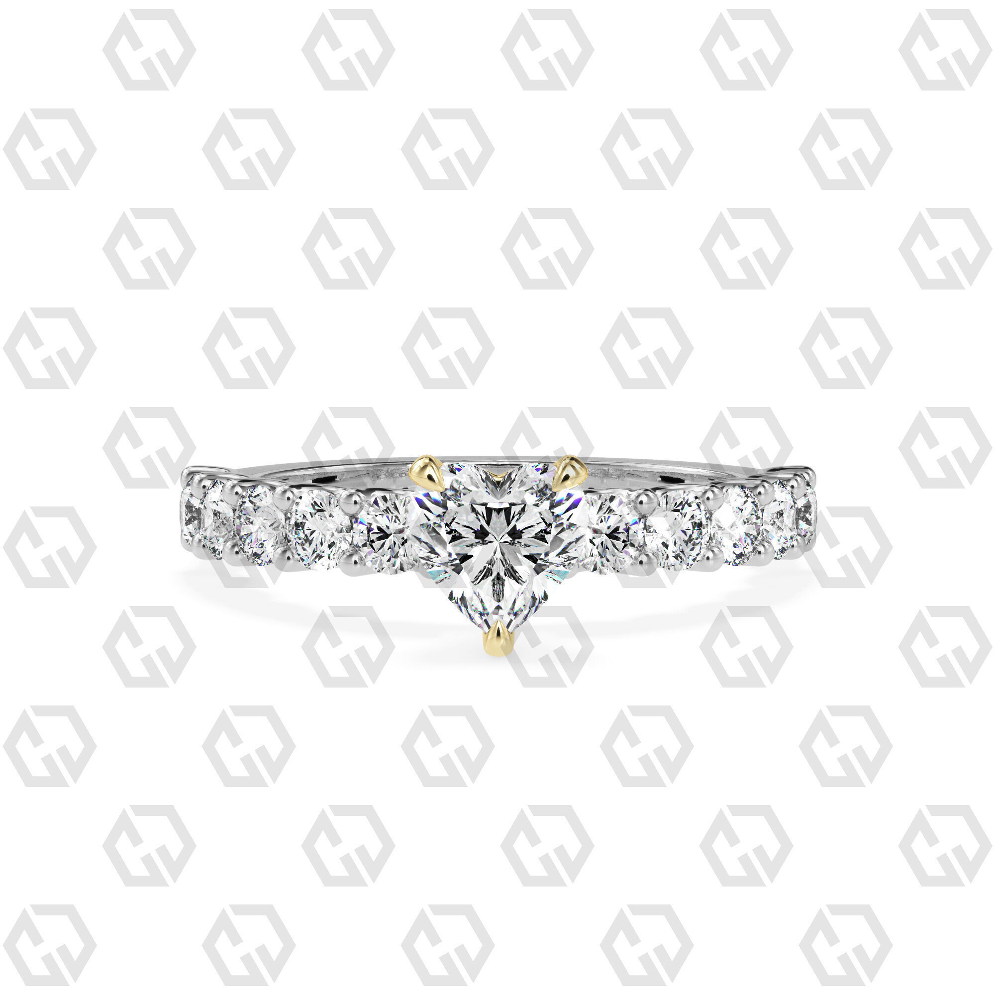 Ring 94 Heart Shape prong set round on shank with Gems 3D print model_11