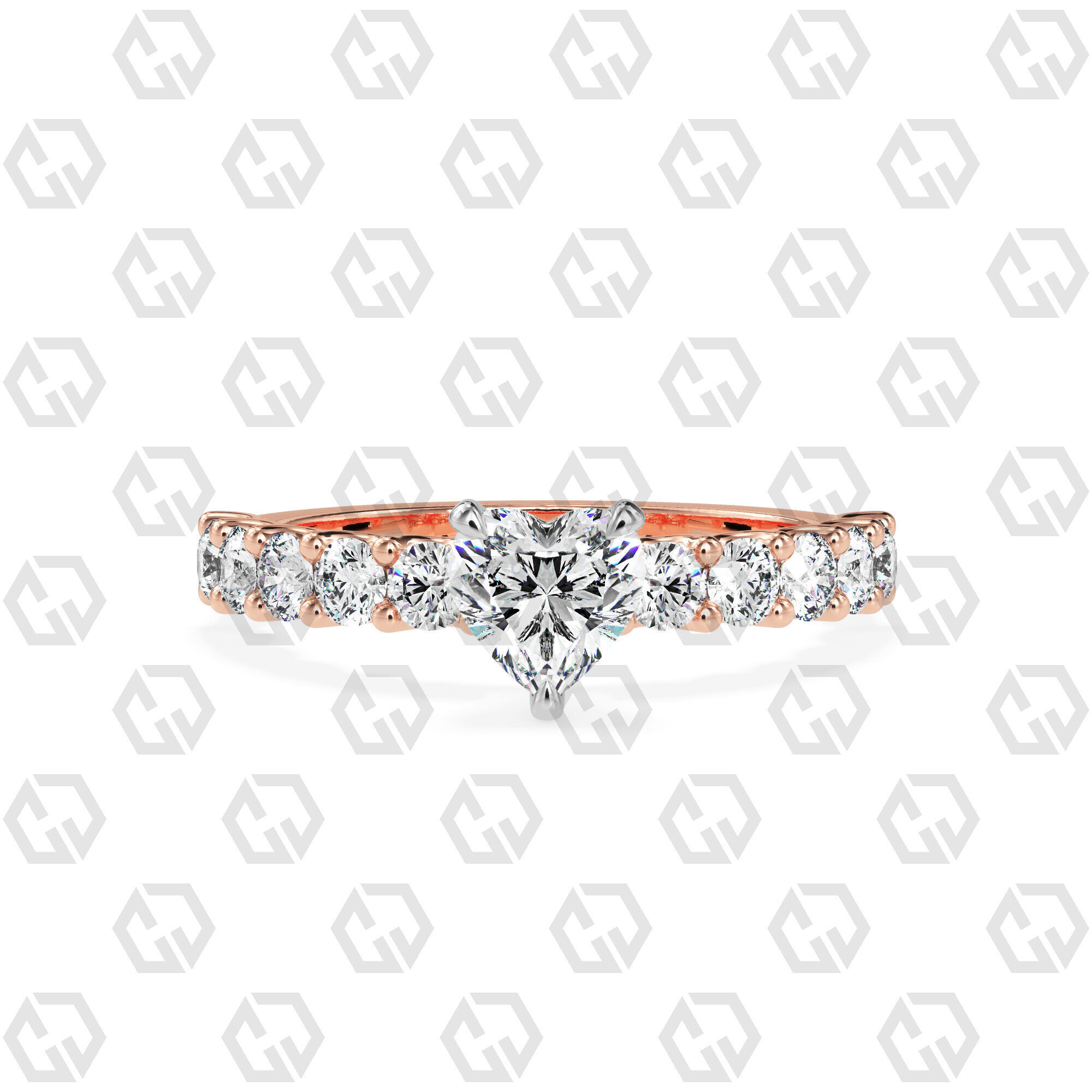 Ring 94 Heart Shape prong set round on shank with Gems 3D print model_5