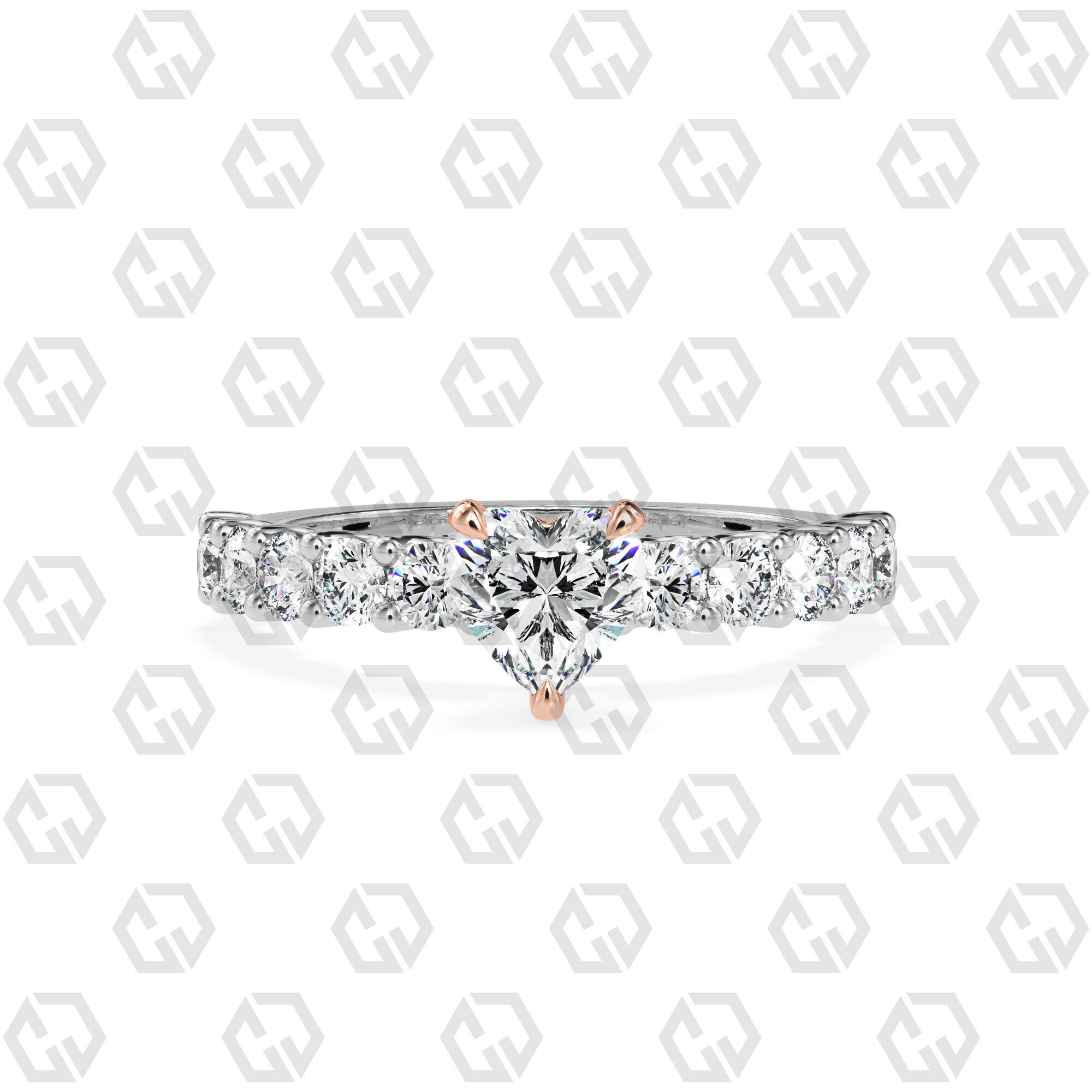 Ring 94 Heart Shape prong set round on shank with Gems 3D print model_3