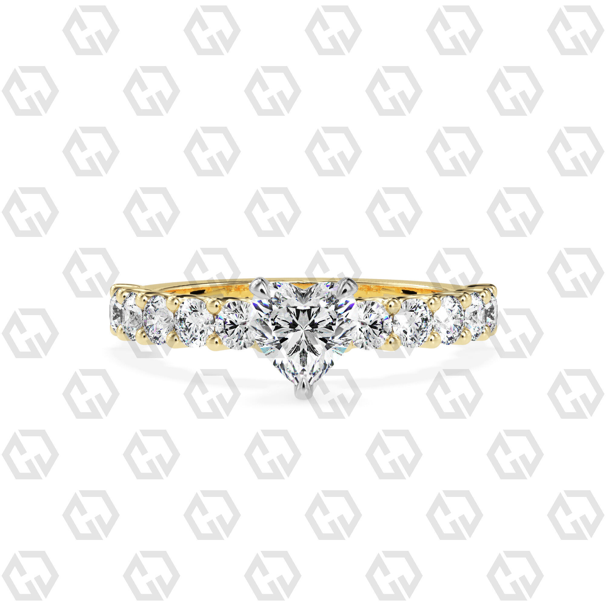 Ring 94 Heart Shape prong set round on shank with Gems 3D print model_9