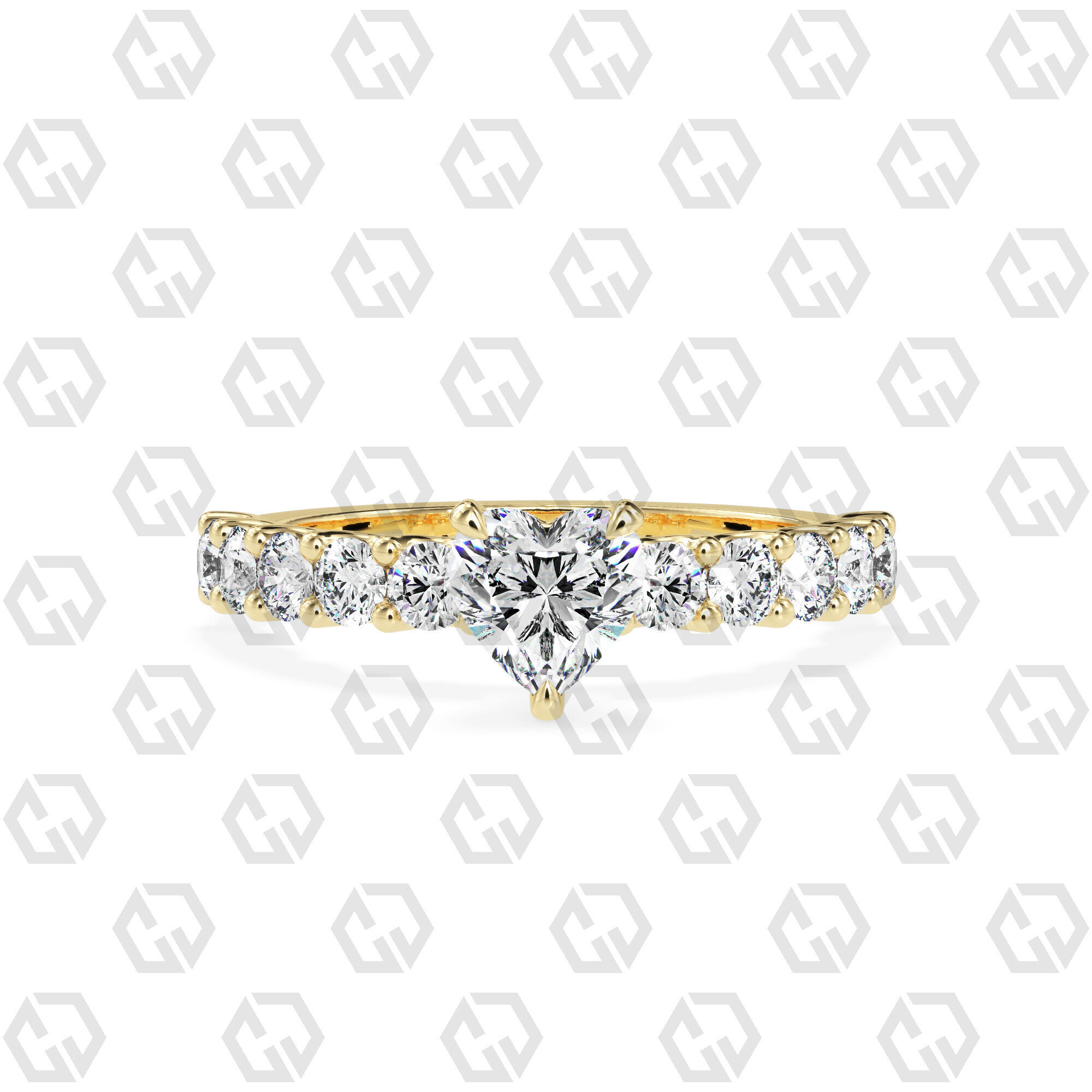 Ring 94 Heart Shape prong set round on shank with Gems 3D print model_13