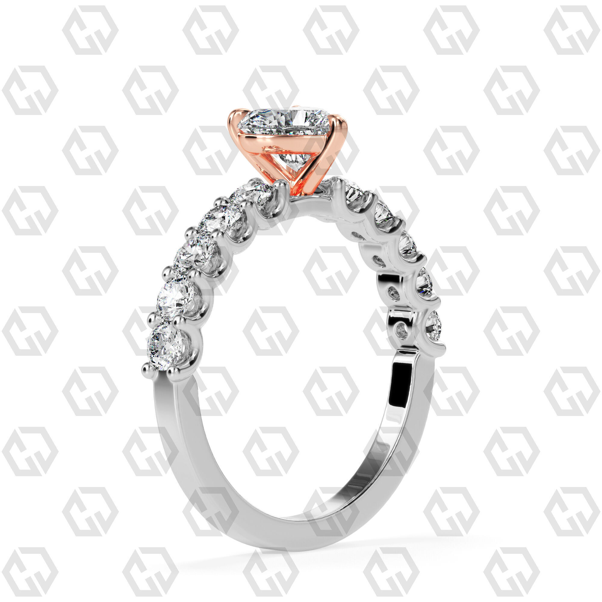 Ring 94 Heart Shape prong set round on shank with Gems 3D print model_2