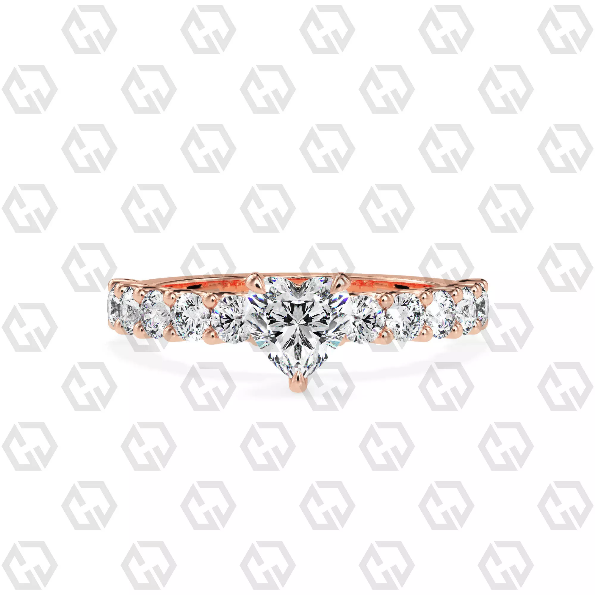 Ring 94 Heart Shape prong set round on shank with Gems 3D print model_0