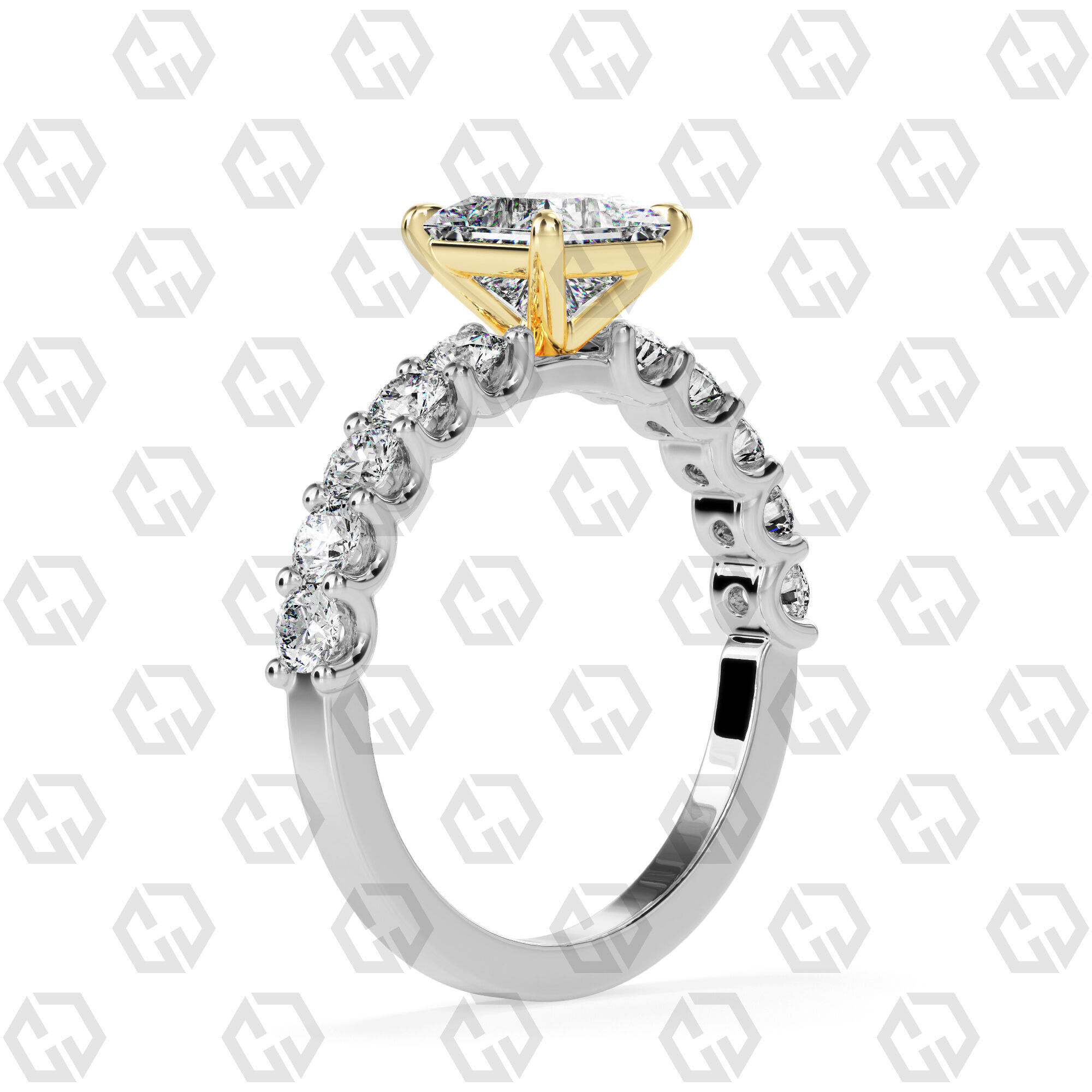 Ring 98 Princess Shape prong set round on shank with Gems 3D print model_10