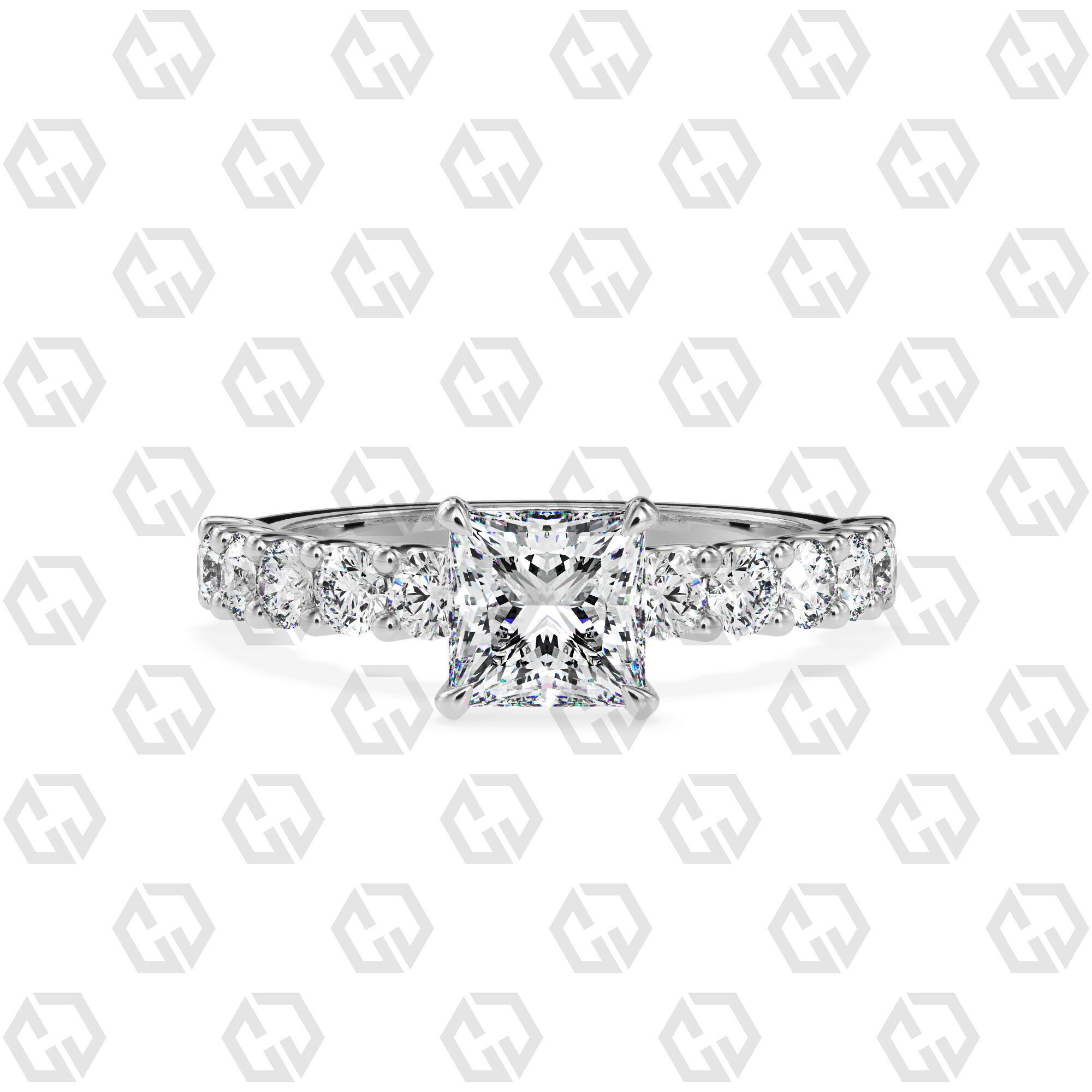 Ring 98 Princess Shape prong set round on shank with Gems 3D print model_7