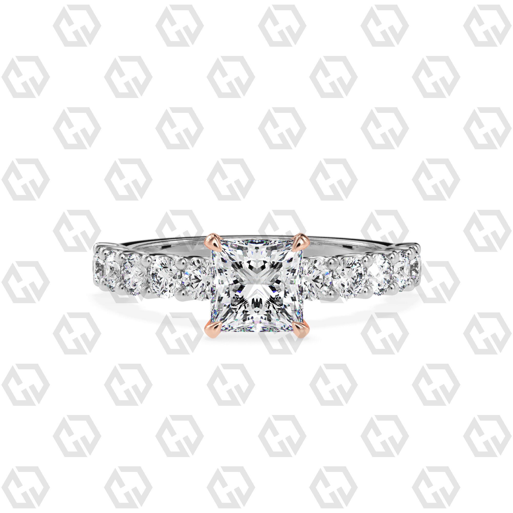 Ring 98 Princess Shape prong set round on shank with Gems 3D print model_3