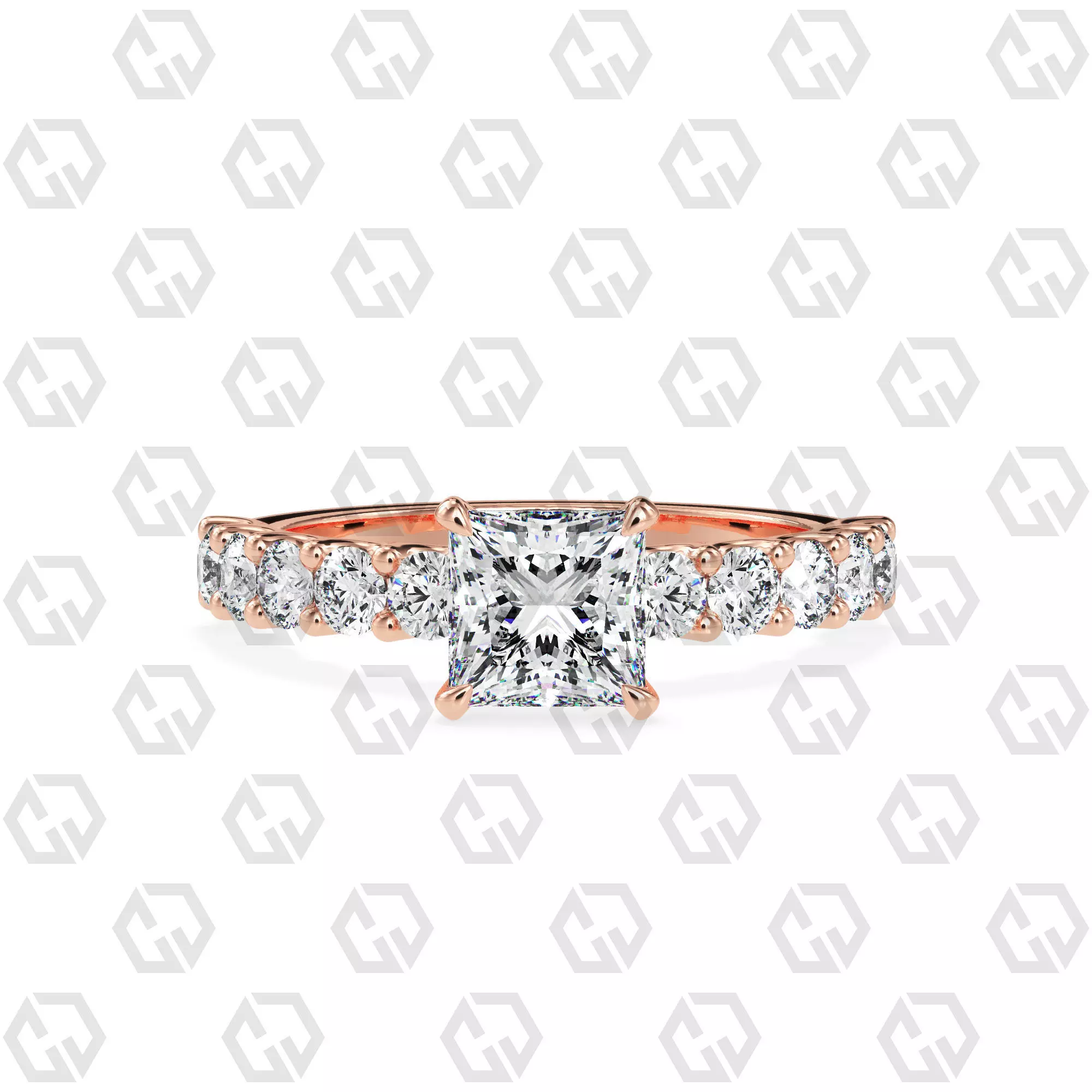 Ring 98 Princess Shape prong set round on shank with Gems 3D print model_0