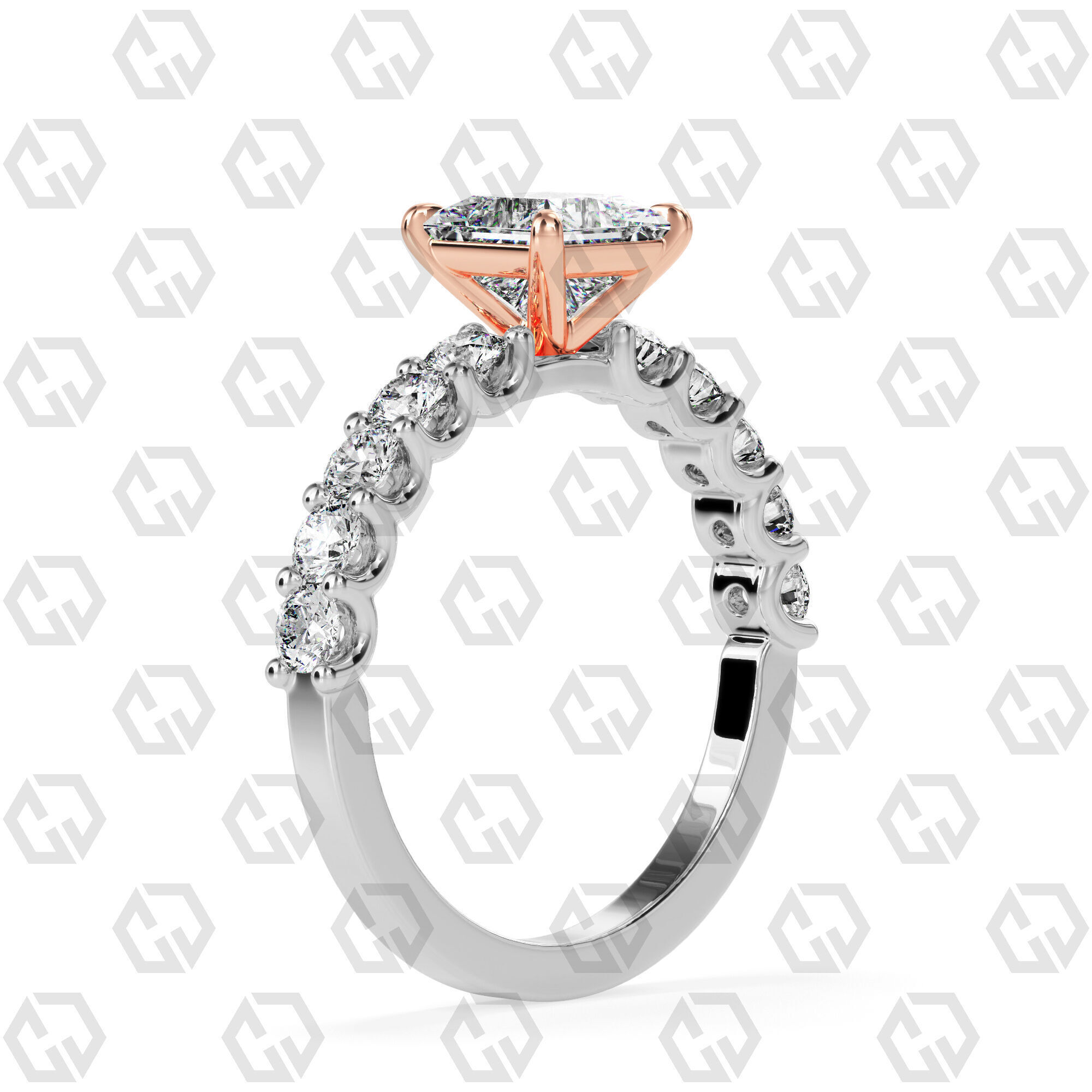 Ring 98 Princess Shape prong set round on shank with Gems 3D print model_2