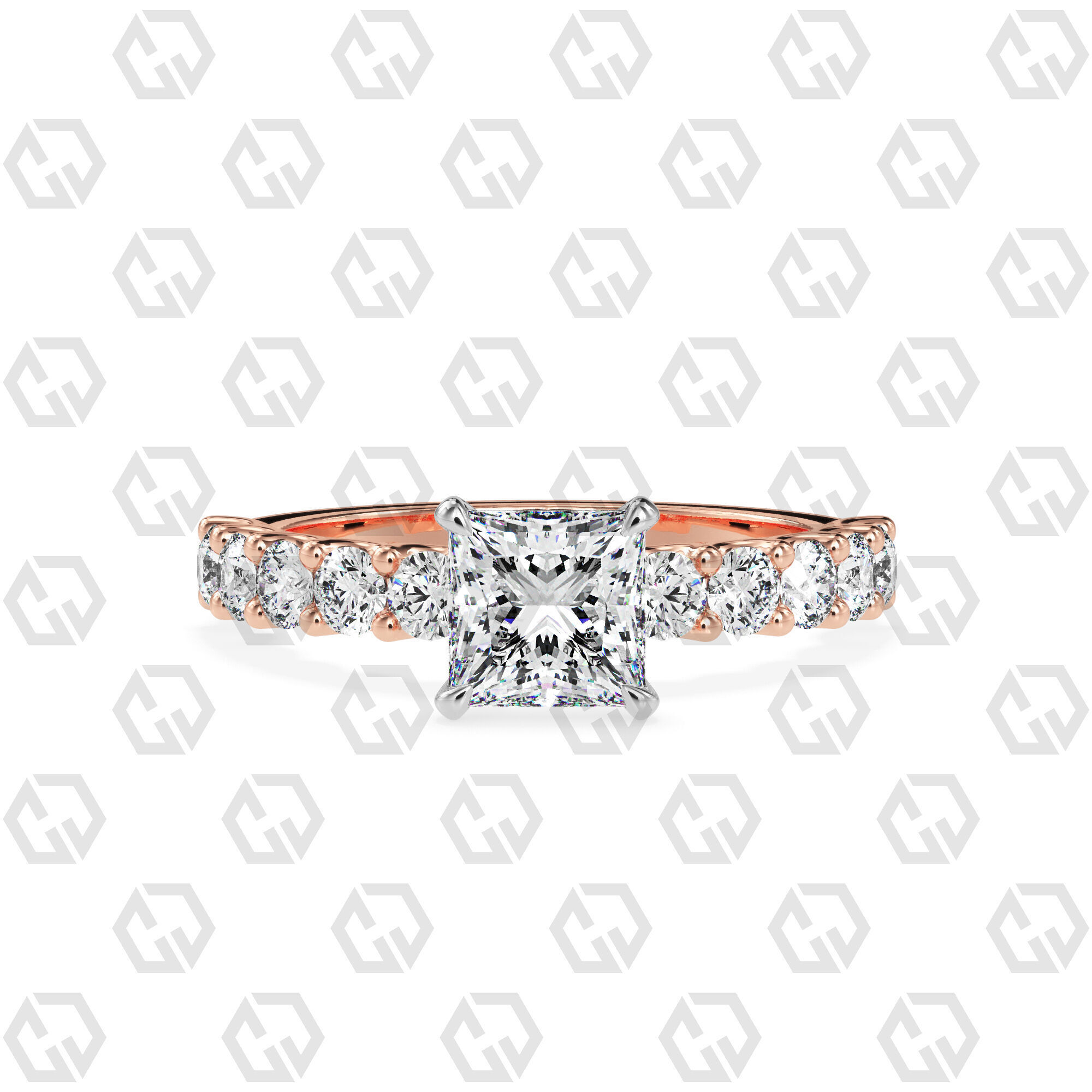 Ring 98 Princess Shape prong set round on shank with Gems 3D print model_5