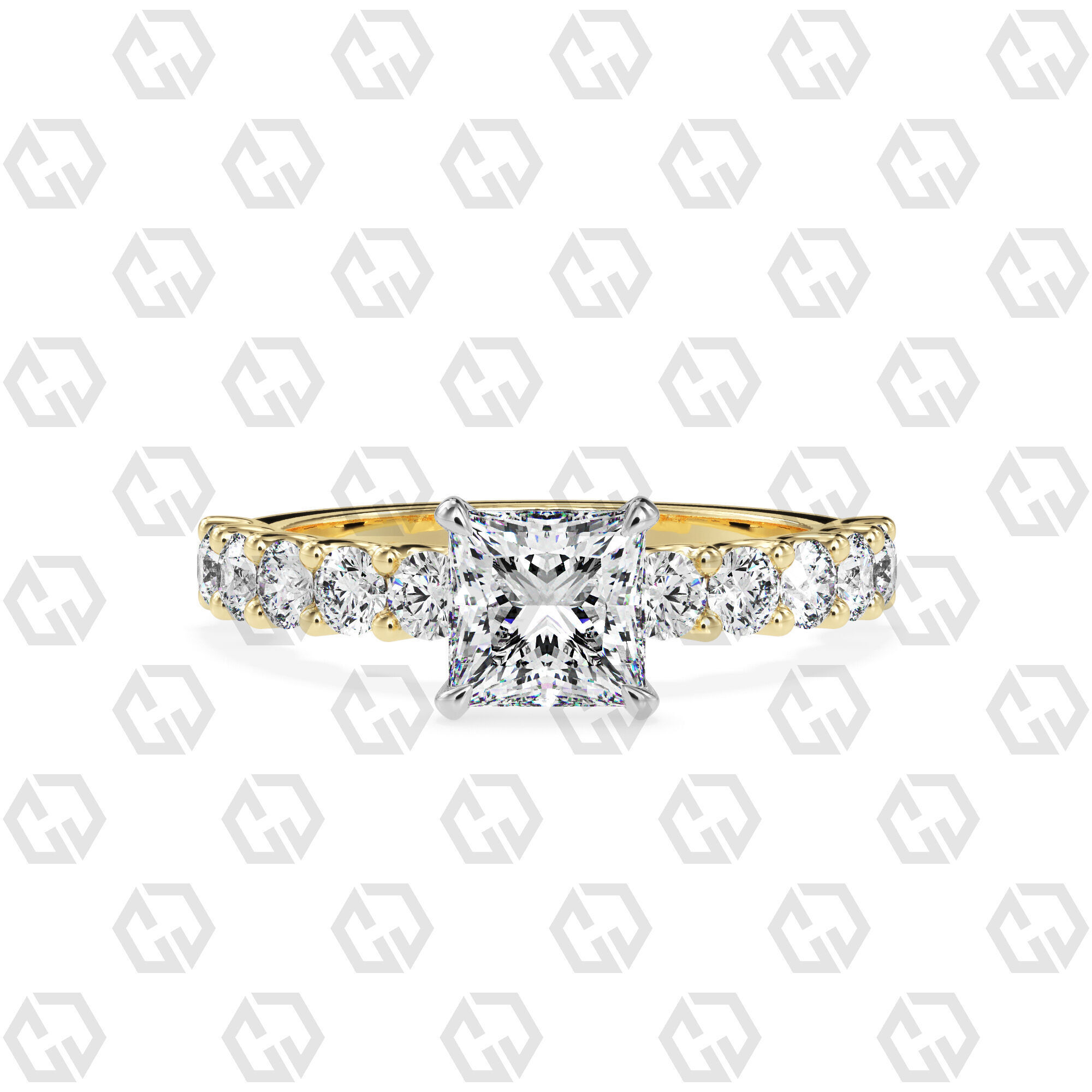 Ring 98 Princess Shape prong set round on shank with Gems 3D print model_9