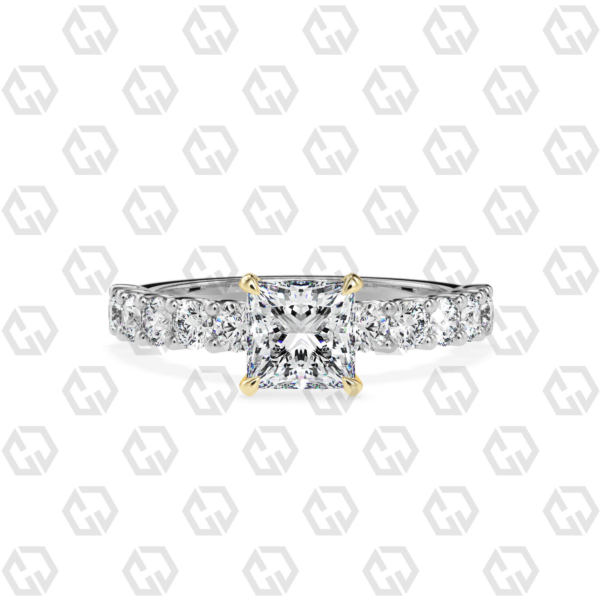 Ring 98 Princess Shape prong set round on shank with Gems 3D print model_11