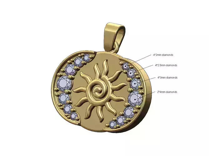 Sun scroll oblang double diamond crescent moon pendant