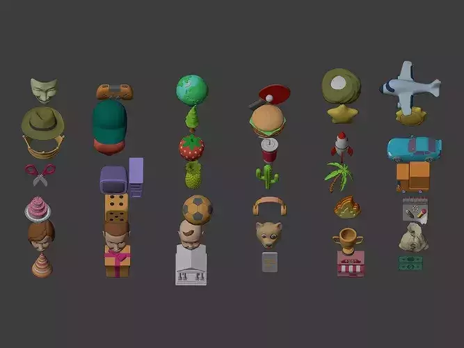 Cartoon Icons Pack - Vehicle Tree Fruit Mask Hat Sun IT AD Money Low-poly 3D model 7