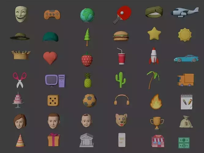 Cartoon Icons Pack - Vehicle Tree Fruit Mask Hat Sun IT AD Money Low-poly 3D model 2