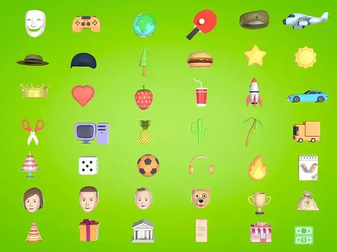 Cartoon Icons Pack - Vehicle Tree Fruit Mask Hat Sun IT AD Money Low-poly 3D model