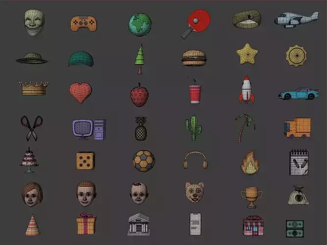Cartoon Icons Pack - Vehicle Tree Fruit Mask Hat Sun IT AD Money Low-poly 3D model 4