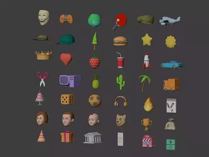 Cartoon Icons Pack - Vehicle Tree Fruit Mask Hat Sun IT AD Money Low-poly 3D model 5