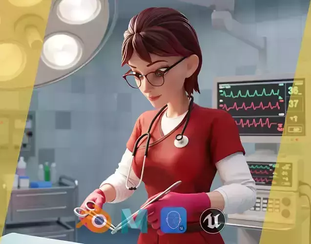 Red Scrubs Cartoon Doctor Fully Rigged Healthcare Worker Low-poly 3D model