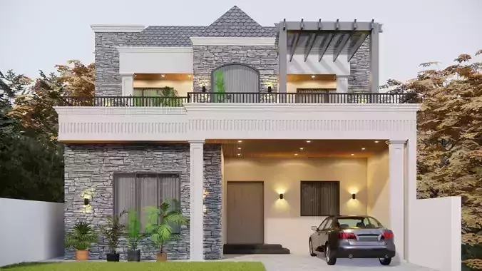 Modern 3D House Exterior Model  Luxury Villa with Stone 3D model