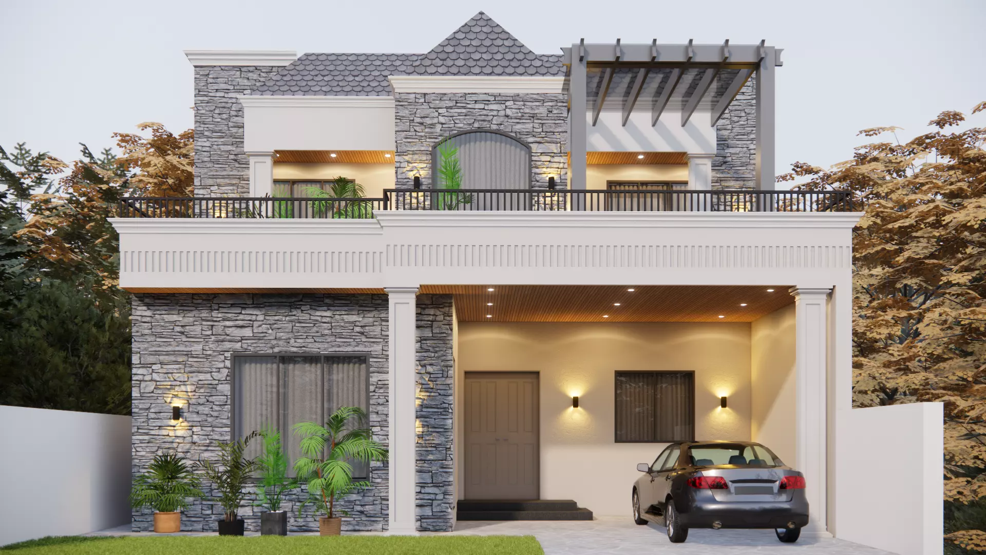 Modern 3D House Exterior Model  Luxury Villa with Stone 3D model_0