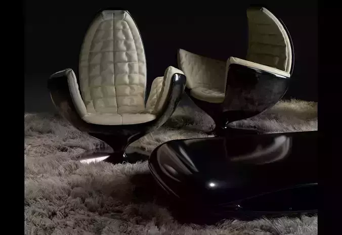 Armchair 70s with coffee table and fur rug