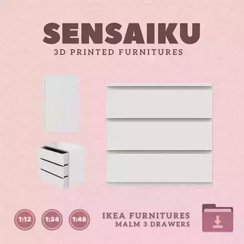 Miniature Replica Malm 3 Drawers IKEA 3D Print Instant Download 3D print model