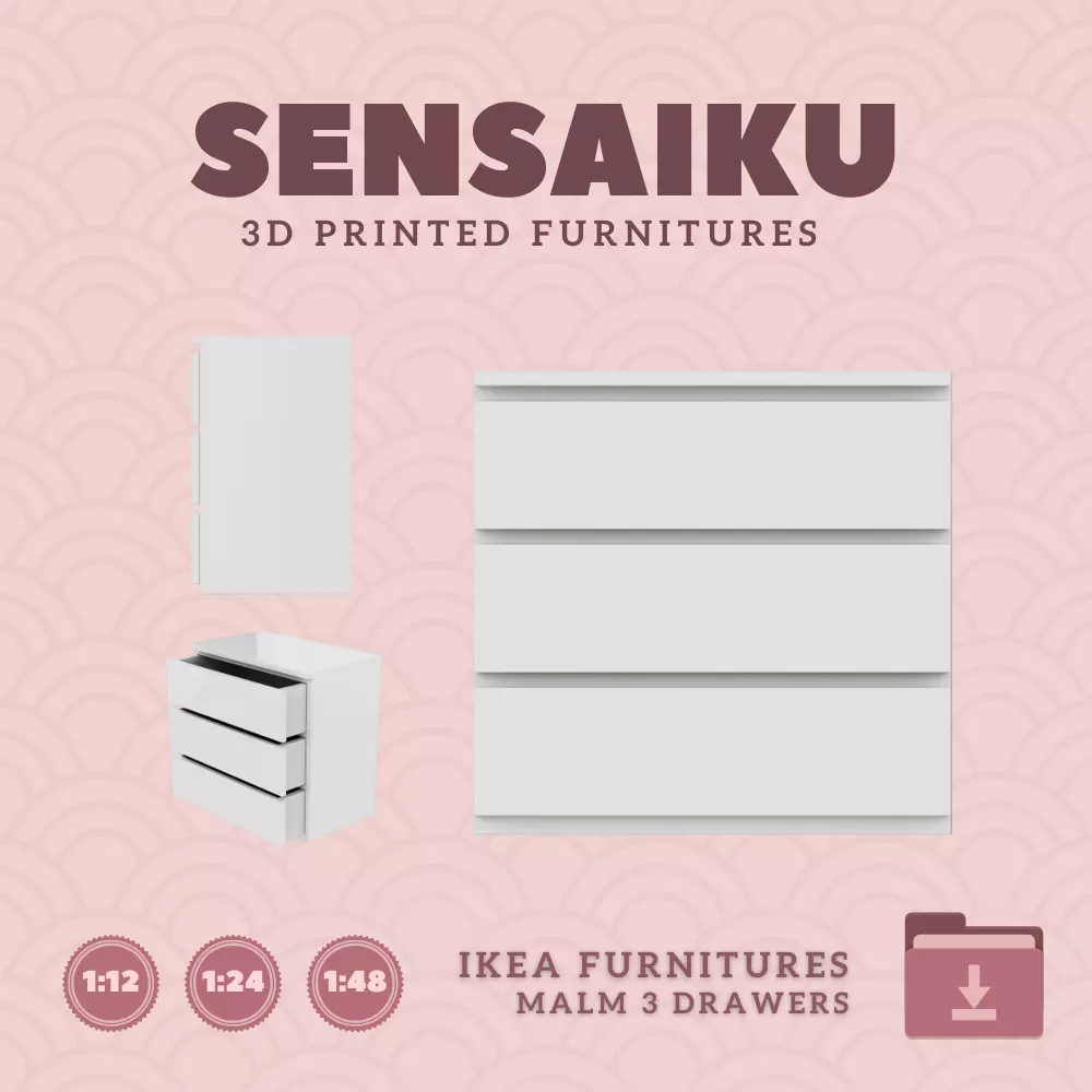 Miniature Replica Malm 3 Drawers IKEA 3D Print Instant Download 3D print model