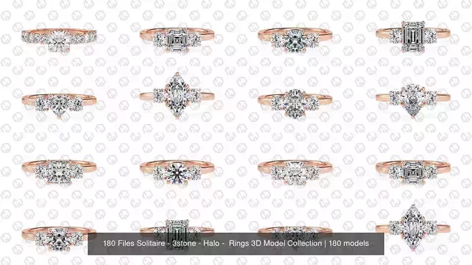 180 Files Solitaire - 3stone - Halo -  Rings 3D Model Collection