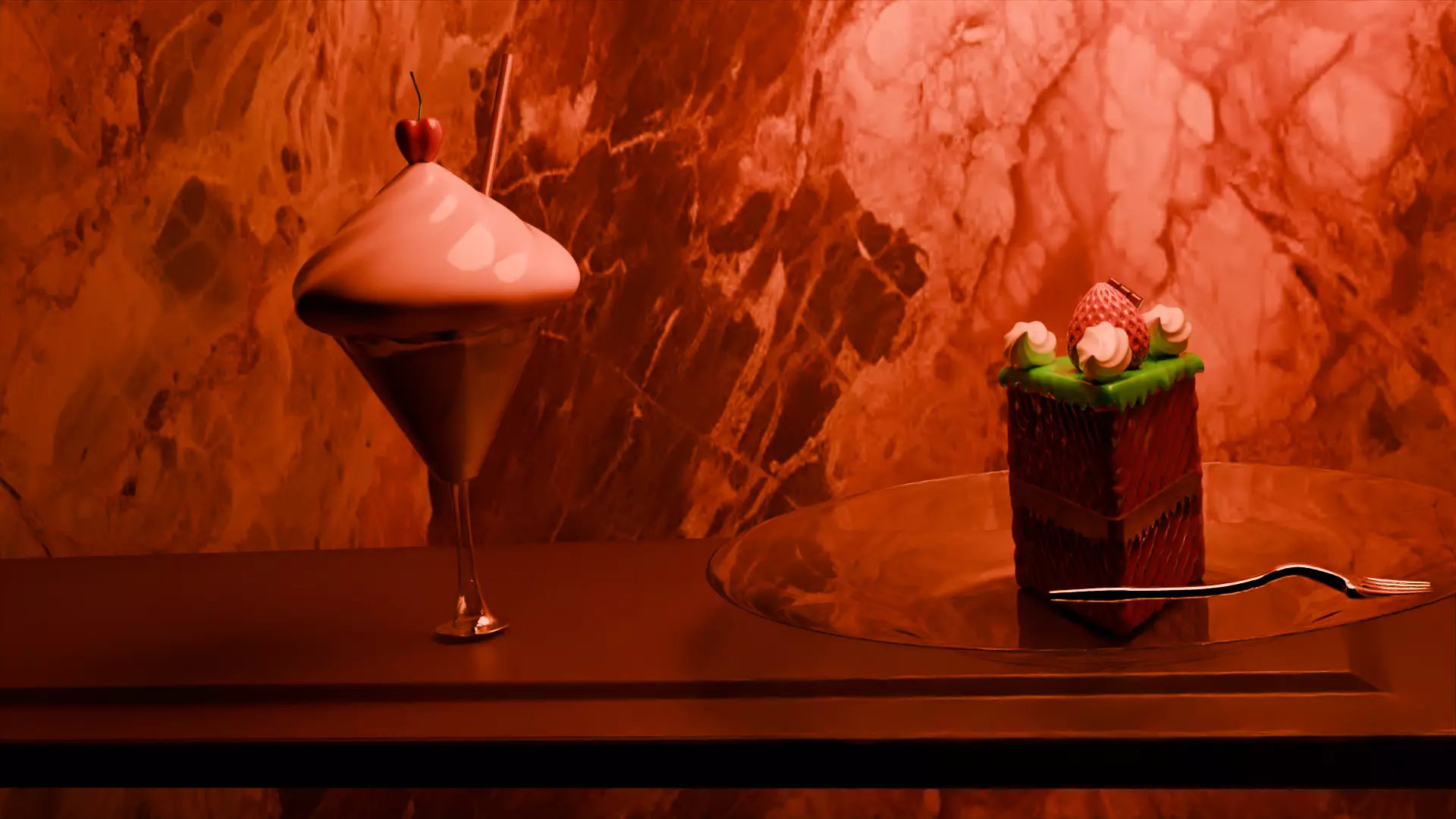 Cherry milkshake and matcha cake models 3D model_0