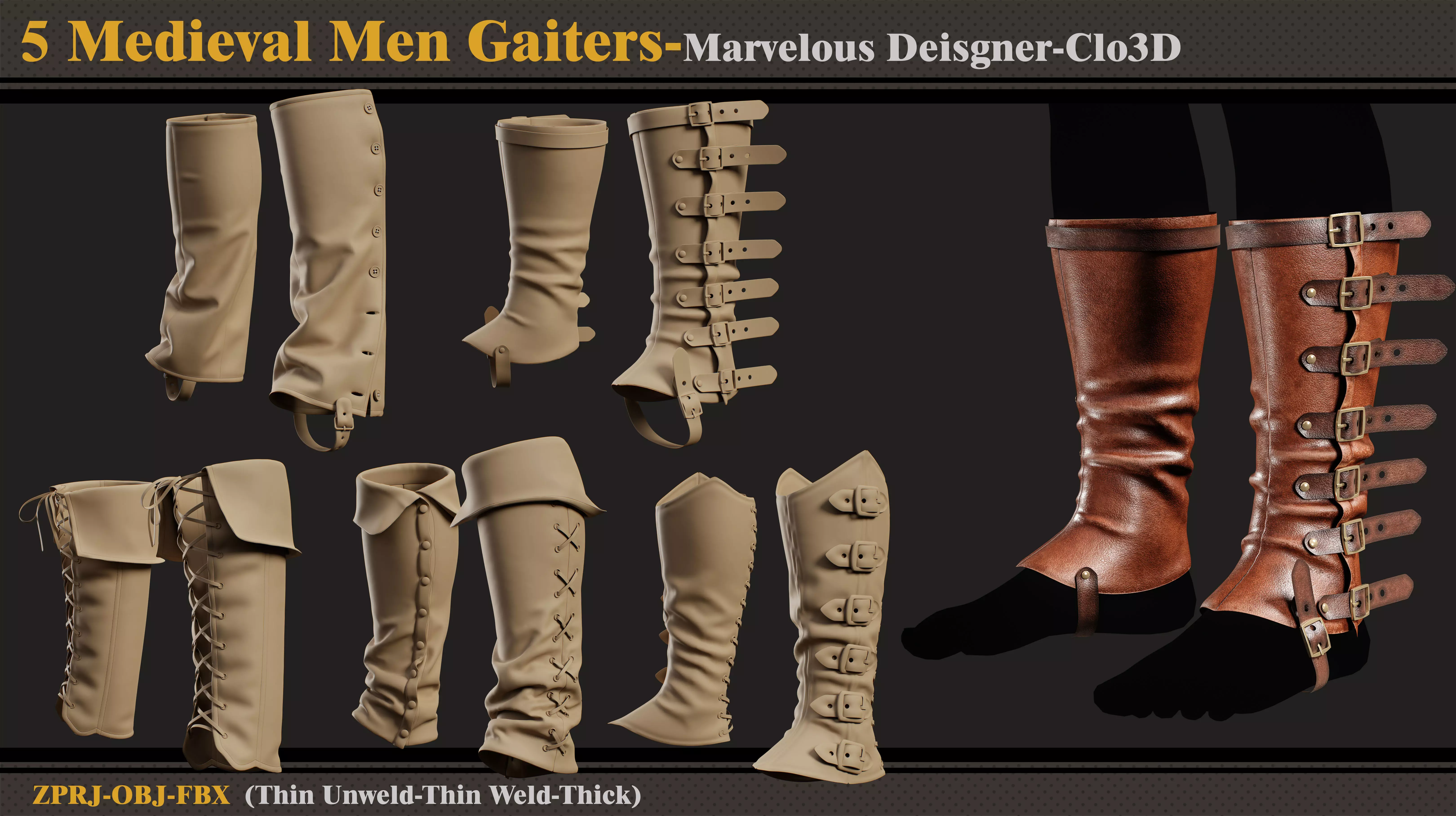 5 Medieval Men Gaiters-Marvelous Designer-Clo3D-ZPRJ-FBX-OBJ 3D model_0