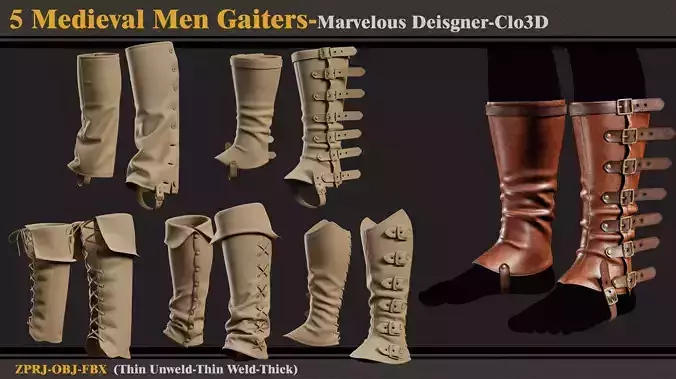 5 Medieval Men Gaiters-Marvelous Designer-Clo3D-ZPRJ-FBX-OBJ