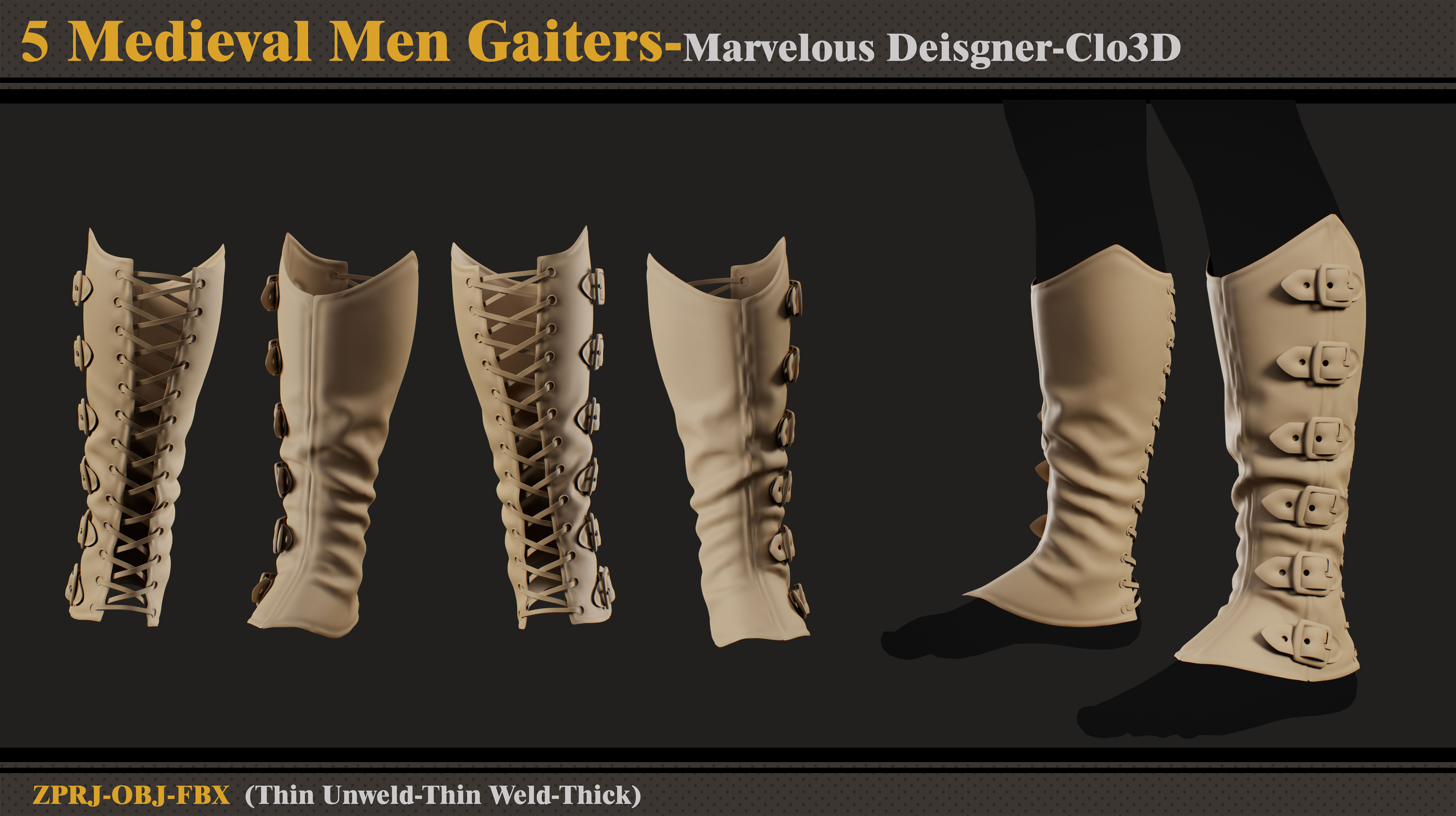 5 Medieval Men Gaiters-Marvelous Designer-Clo3D-ZPRJ-FBX-OBJ 3D model_3