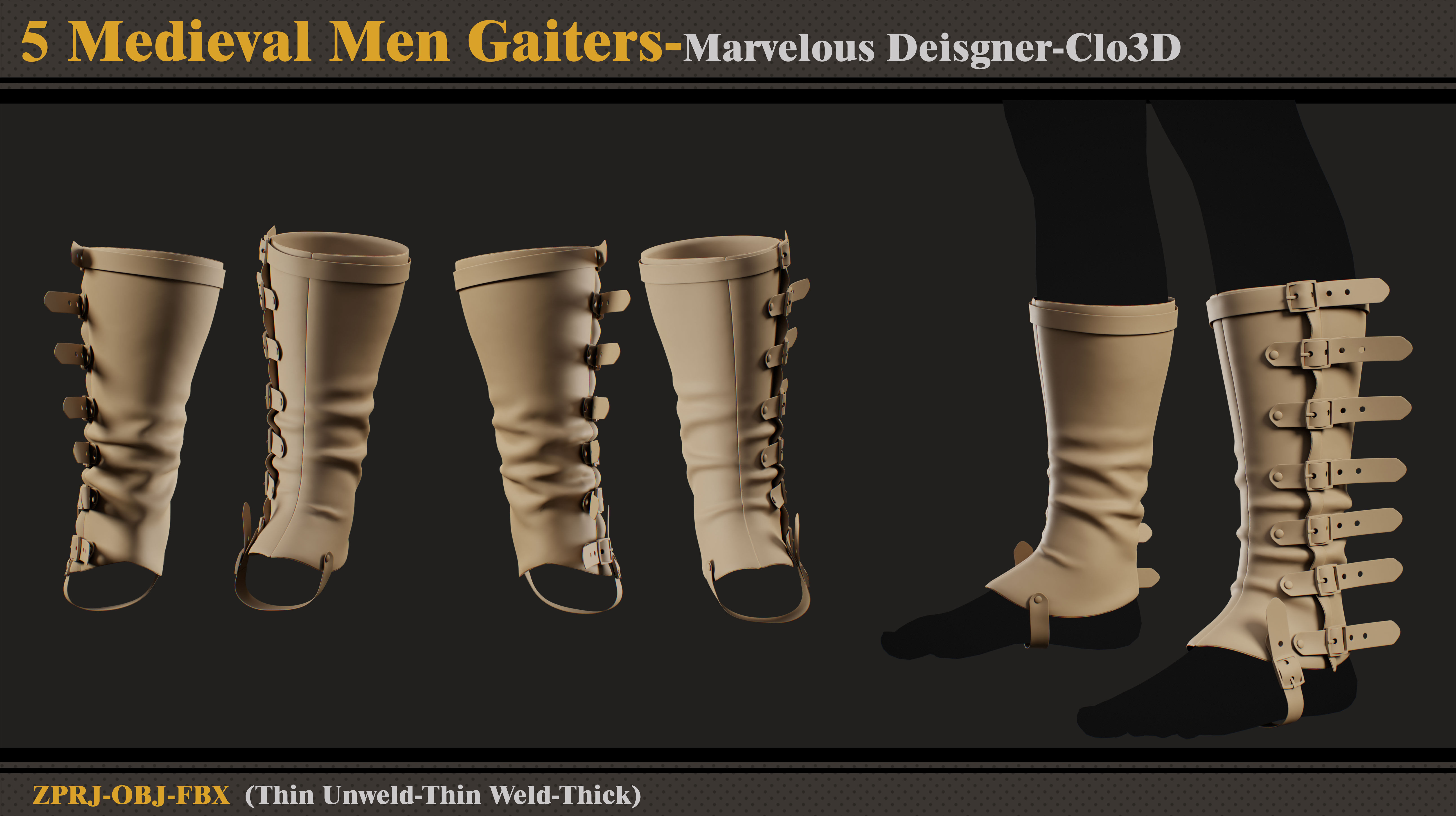 5 Medieval Men Gaiters-Marvelous Designer-Clo3D-ZPRJ-FBX-OBJ 3D model_1