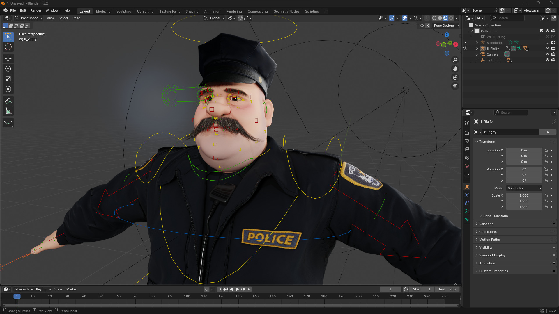 Stylized Cartoon Police Chief Rigged Fat Cop Low-poly 3D model_16