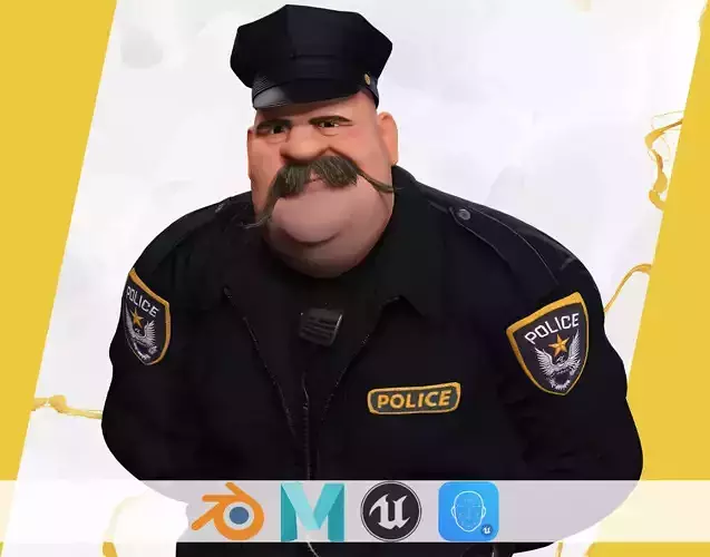 Stylized Cartoon Police Chief Rigged Fat Cop Low-poly 3D model