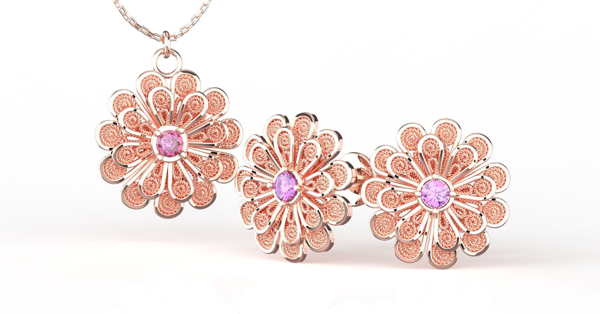 Filigree Flower Stud and Pendant 8 Zinnia with stone 3D print model_10