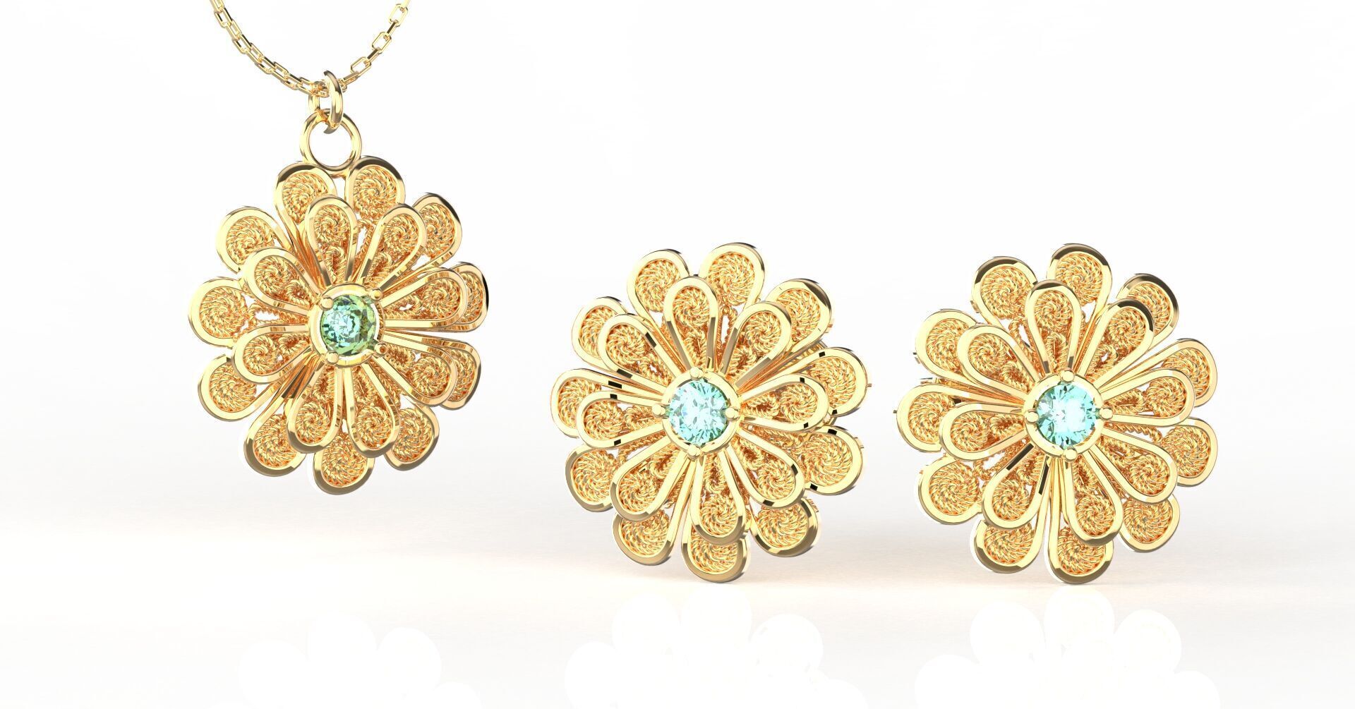 Filigree Flower Stud and Pendant 8 Zinnia with stone 3D print model_1