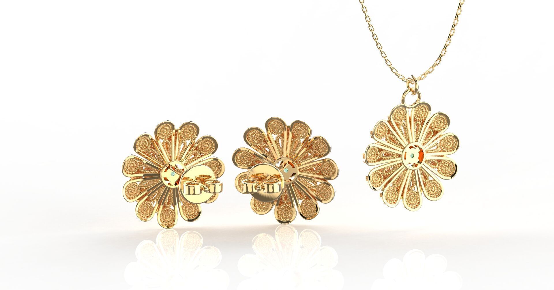 Filigree Flower Stud and Pendant 8 Zinnia with stone 3D print model_7