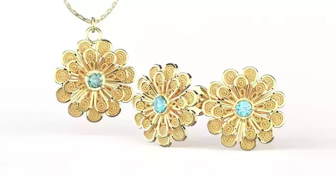 Filigree Flower Stud and Pendant 8 Zinnia with stone 3D print model