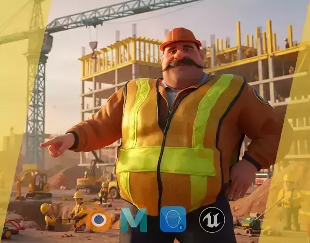 Stylized Cartoon Construction Worker Rigged Foreman builder Low-poly 3D model