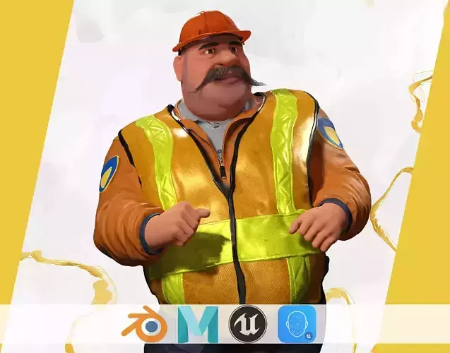 Stylized Cartoon Construction Worker Rigged Foreman builder Low-poly 3D model