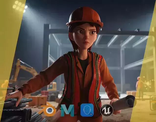 Stylized Female Construction Worker Rigged Builder in Safety Low-poly 3D model
