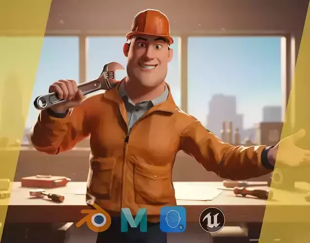 Cartoon Construction Worker in Jacket Worker with Hard Hat Low-poly 3D model